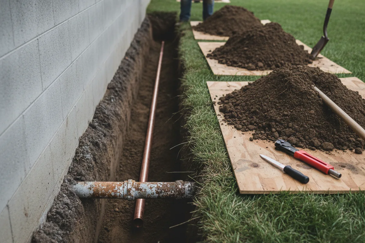 Excavated water line trench during Water Softener Installation in Strawberry Point
